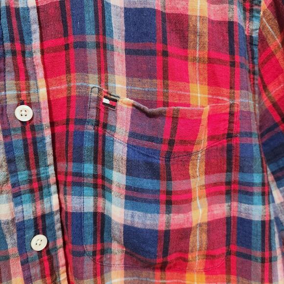 Tommy Hilfiger Mens Linen Red Blue Plaid Custom Fit Button Up Shirt Size Large - Picture 3 of 10